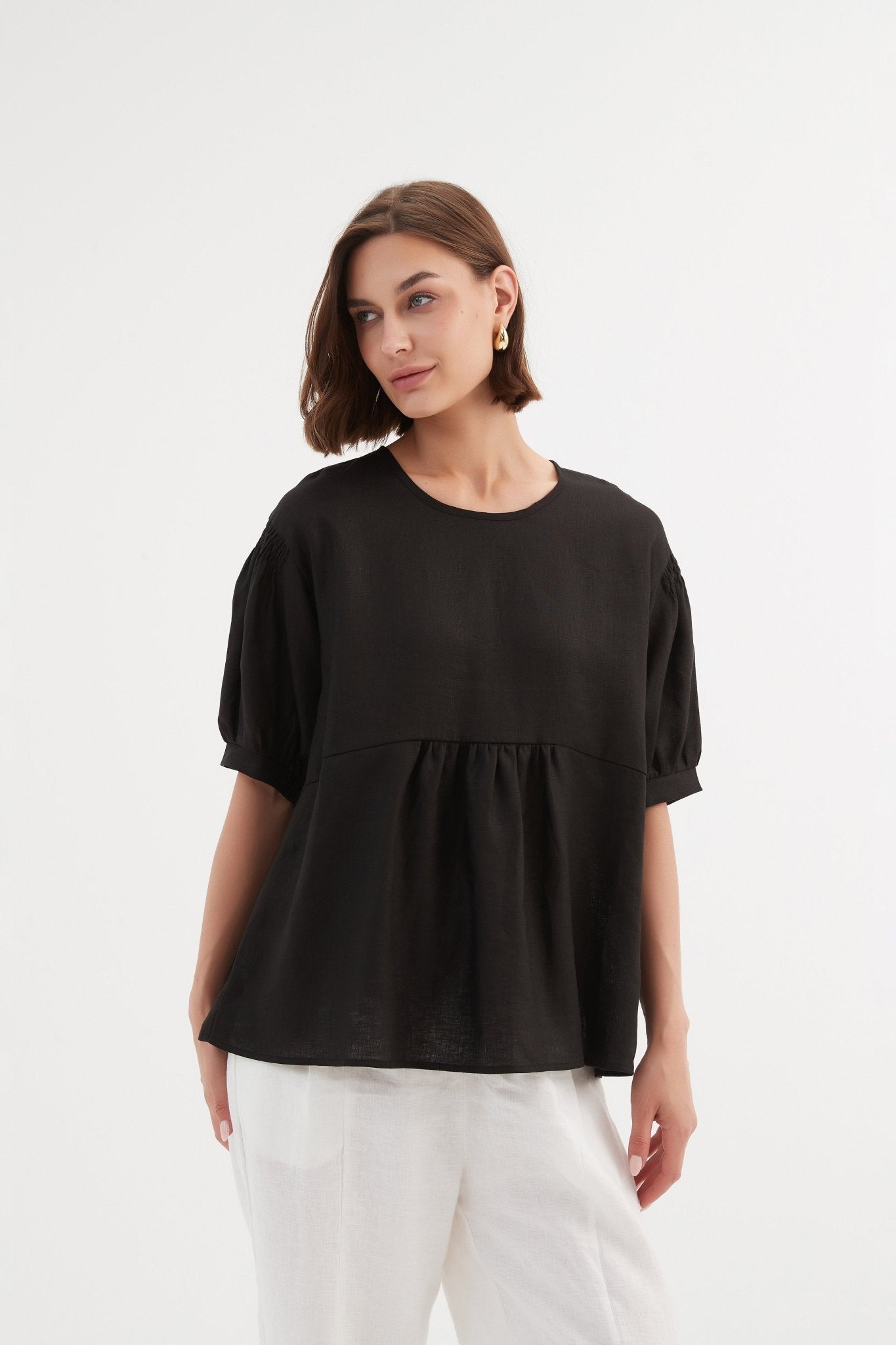 TirelliTirelli Bishop Sleeve Shirring Top 100% Linen BlackClothingBlack - Blue Water Clothing