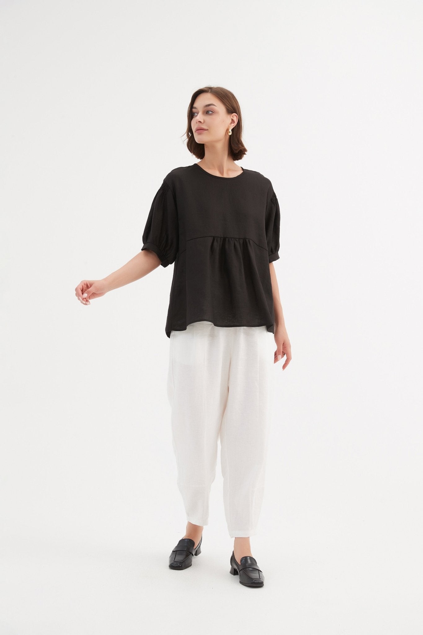TirelliTirelli Bishop Sleeve Shirring Top 100% Linen BlackClothingBlack - Blue Water Clothing