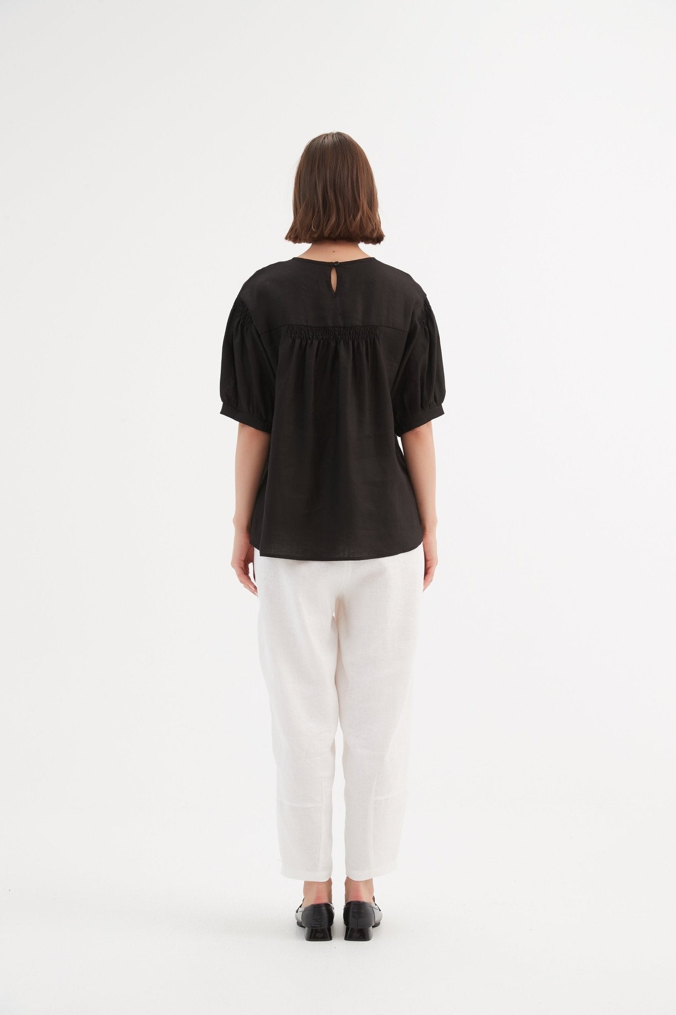TirelliTirelli Bishop Sleeve Shirring Top 100% Linen BlackClothingBlack - Blue Water Clothing