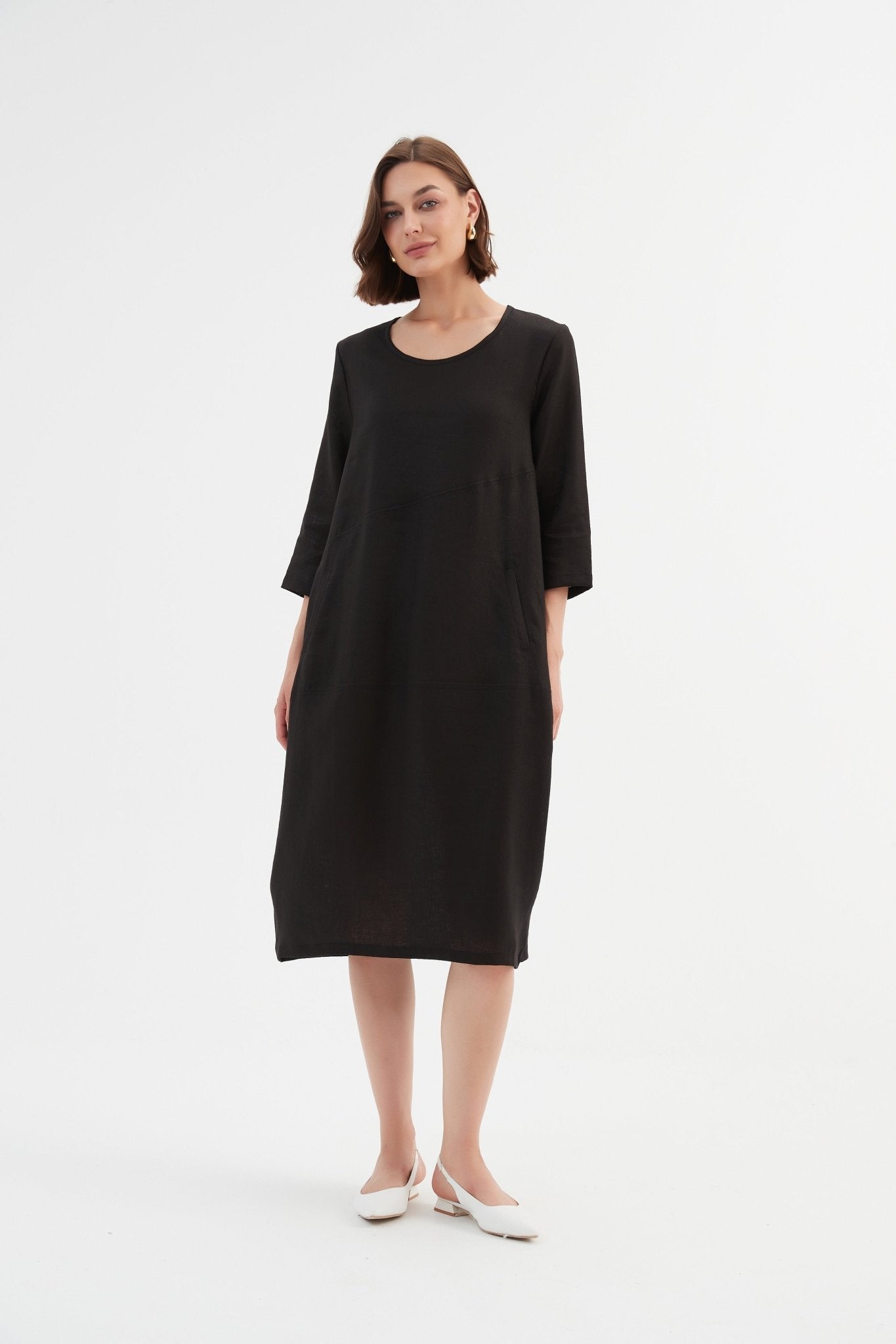 TirelliTirelli Diagonal Seam Linen Dress 100% Linen BlackClothingBlack - Blue Water Clothing