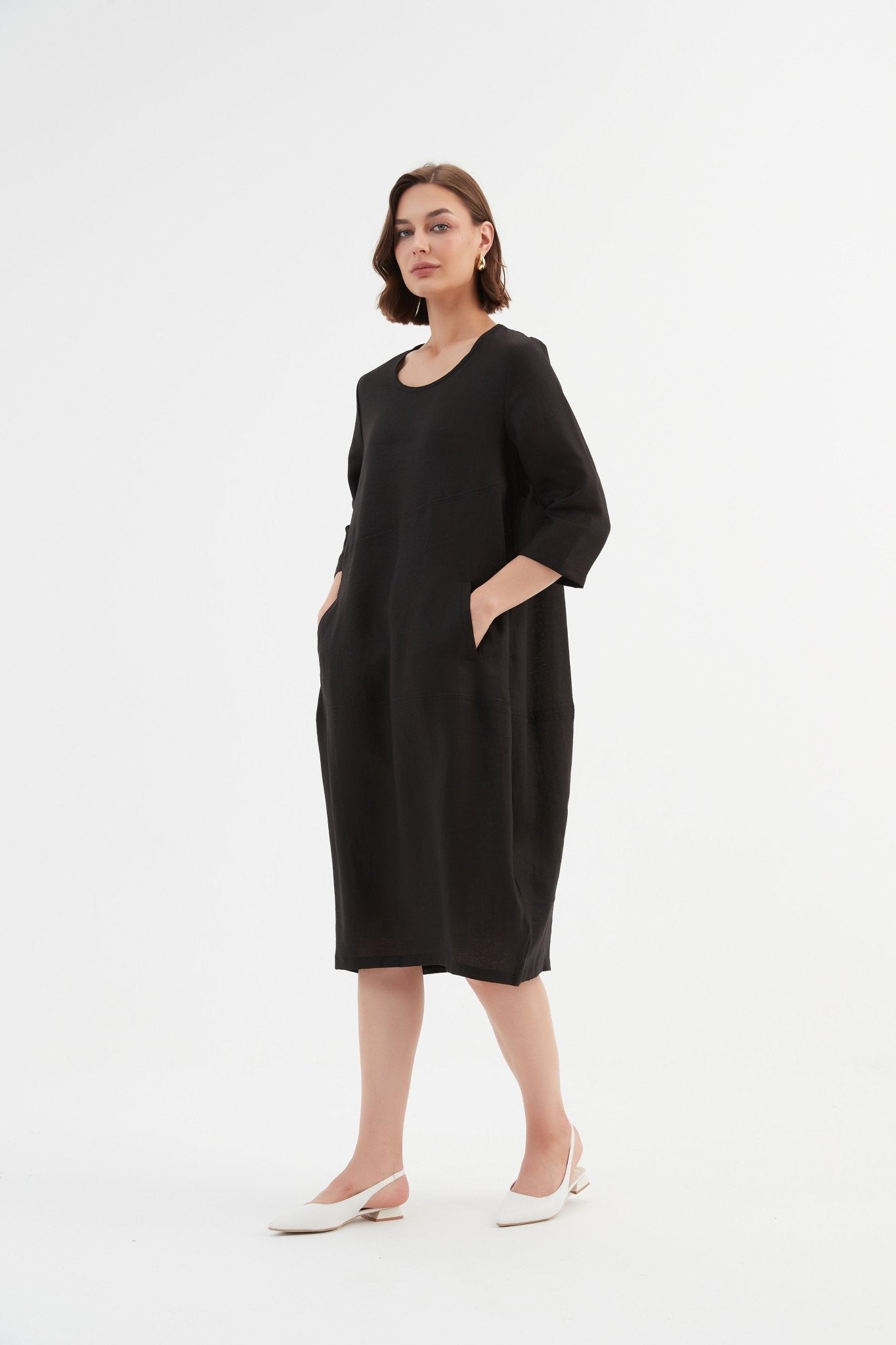 TirelliTirelli Diagonal Seam Linen Dress 100% Linen BlackClothingBlack - Blue Water Clothing