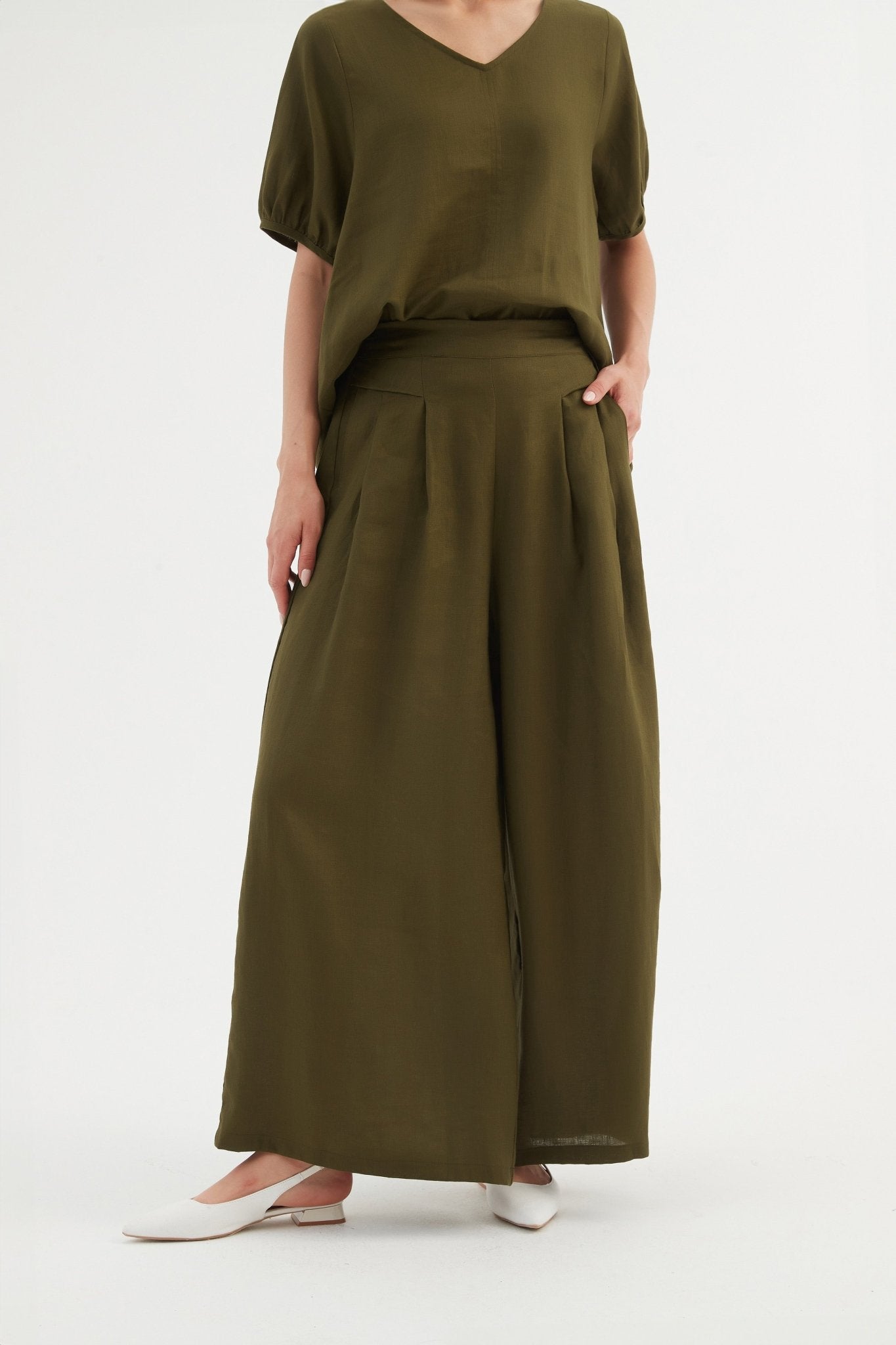 TirelliTirelli Pleat Front Palazzo Pant 100% Linen Dark Moss*ClothingBlack - Blue Water Clothing