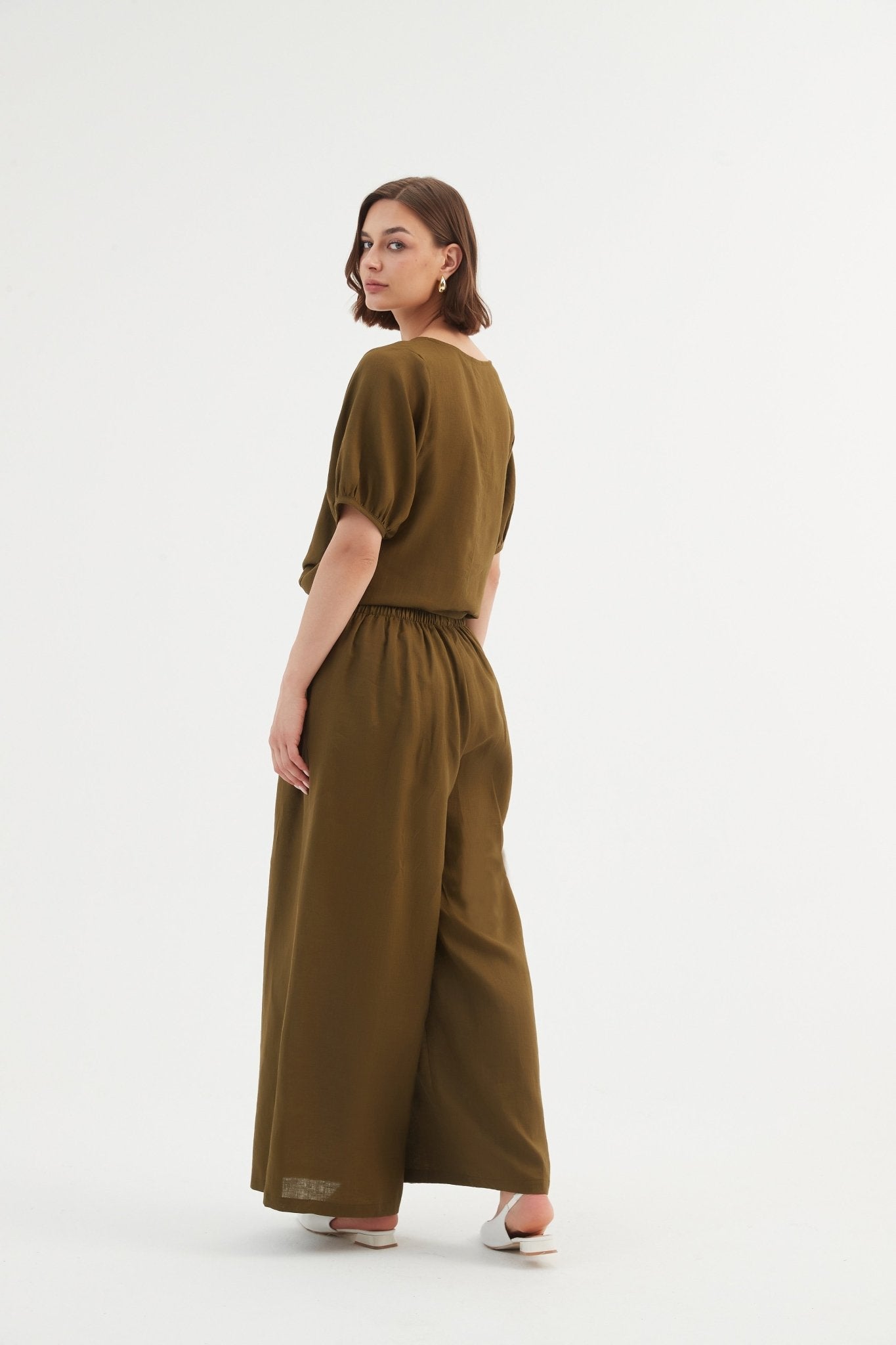 TirelliTirelli Pleat Front Palazzo Pant 100% Linen Dark Moss*ClothingBlack - Blue Water Clothing