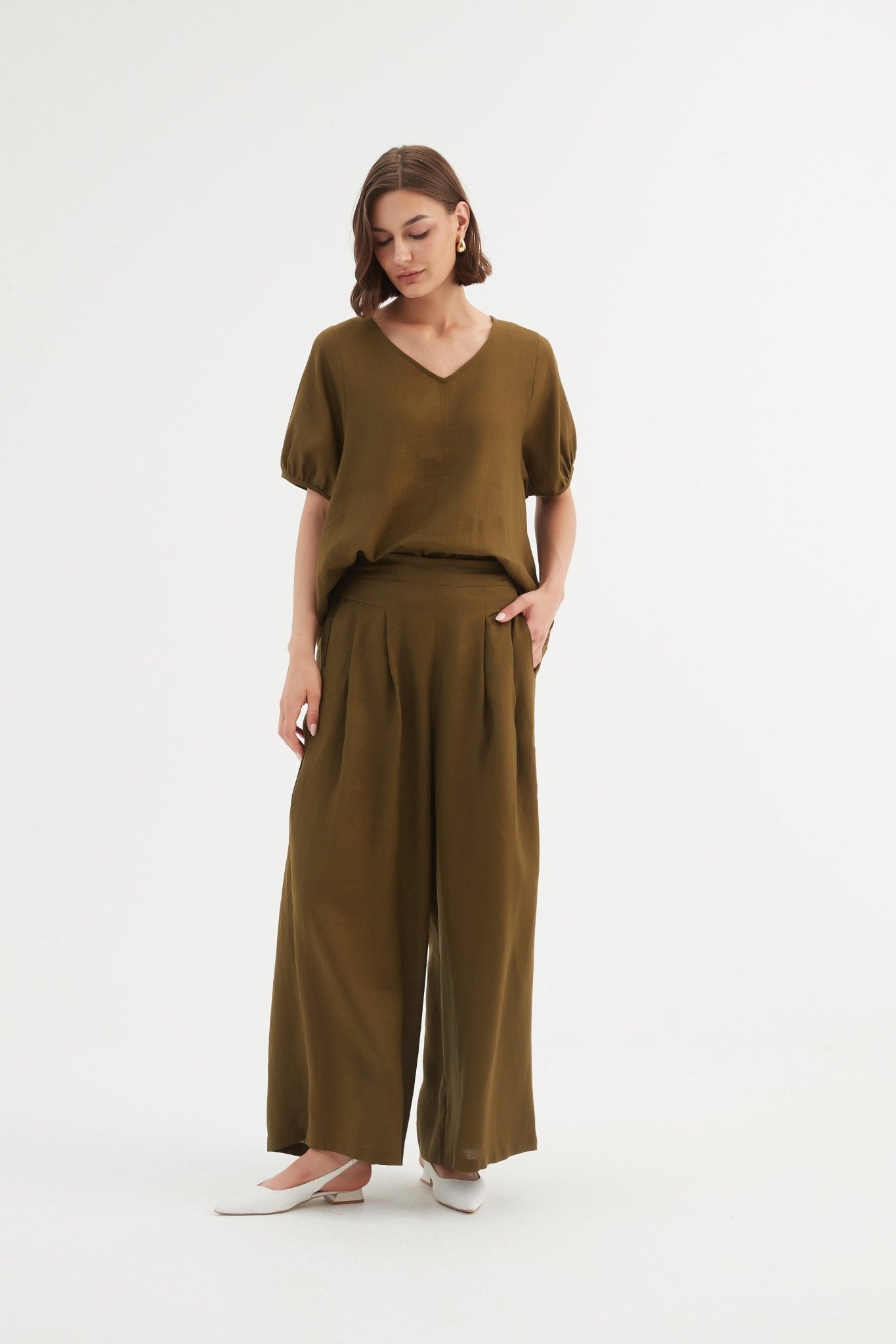 TirelliTirelli Pleat Front Palazzo Pant 100% Linen Dark Moss*ClothingBlack - Blue Water Clothing