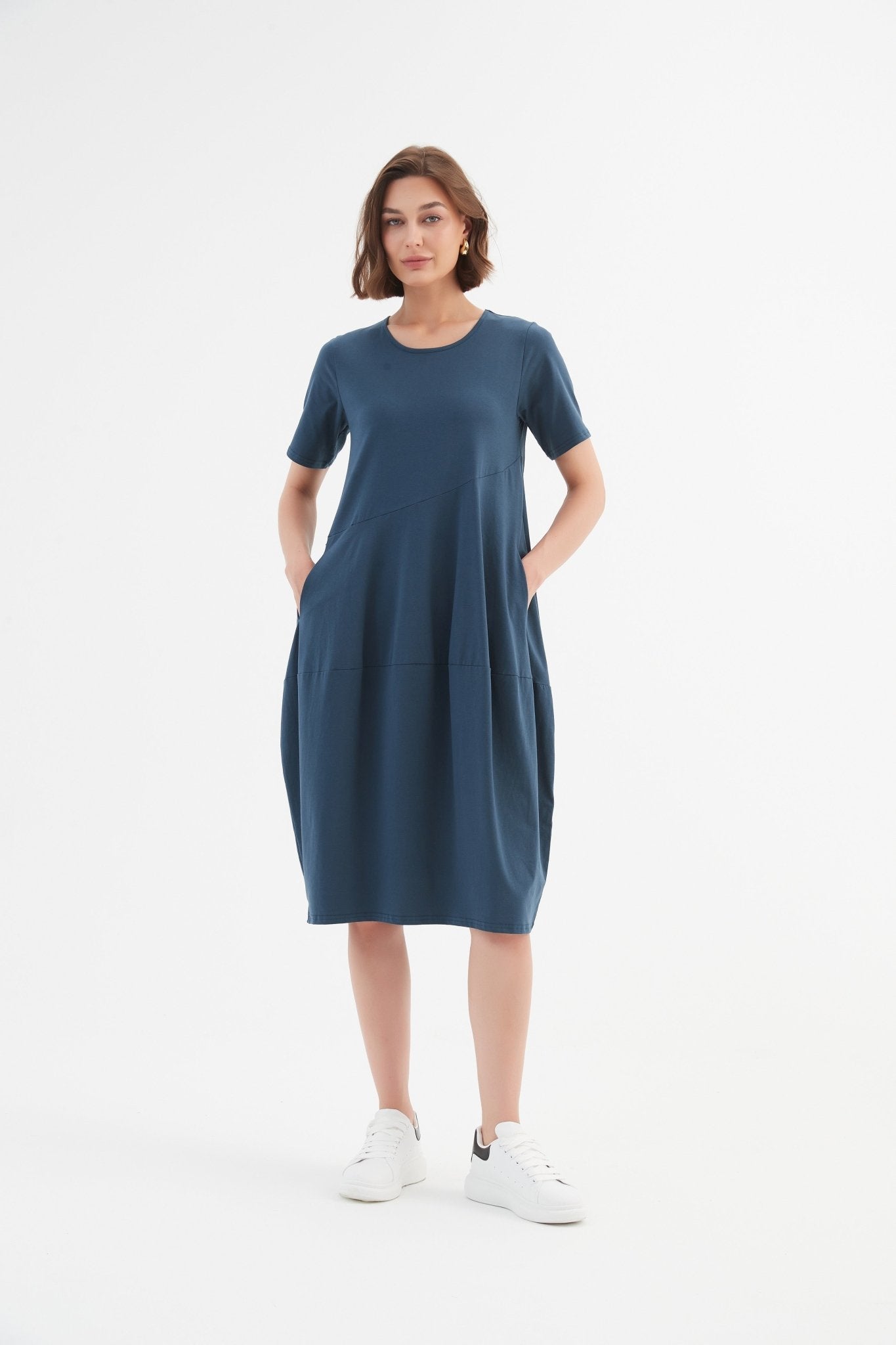 TirelliTirelli Short Sleeve Diagonal Seam Dress Deep TealClothingDeep Teal - Blue Water Clothing