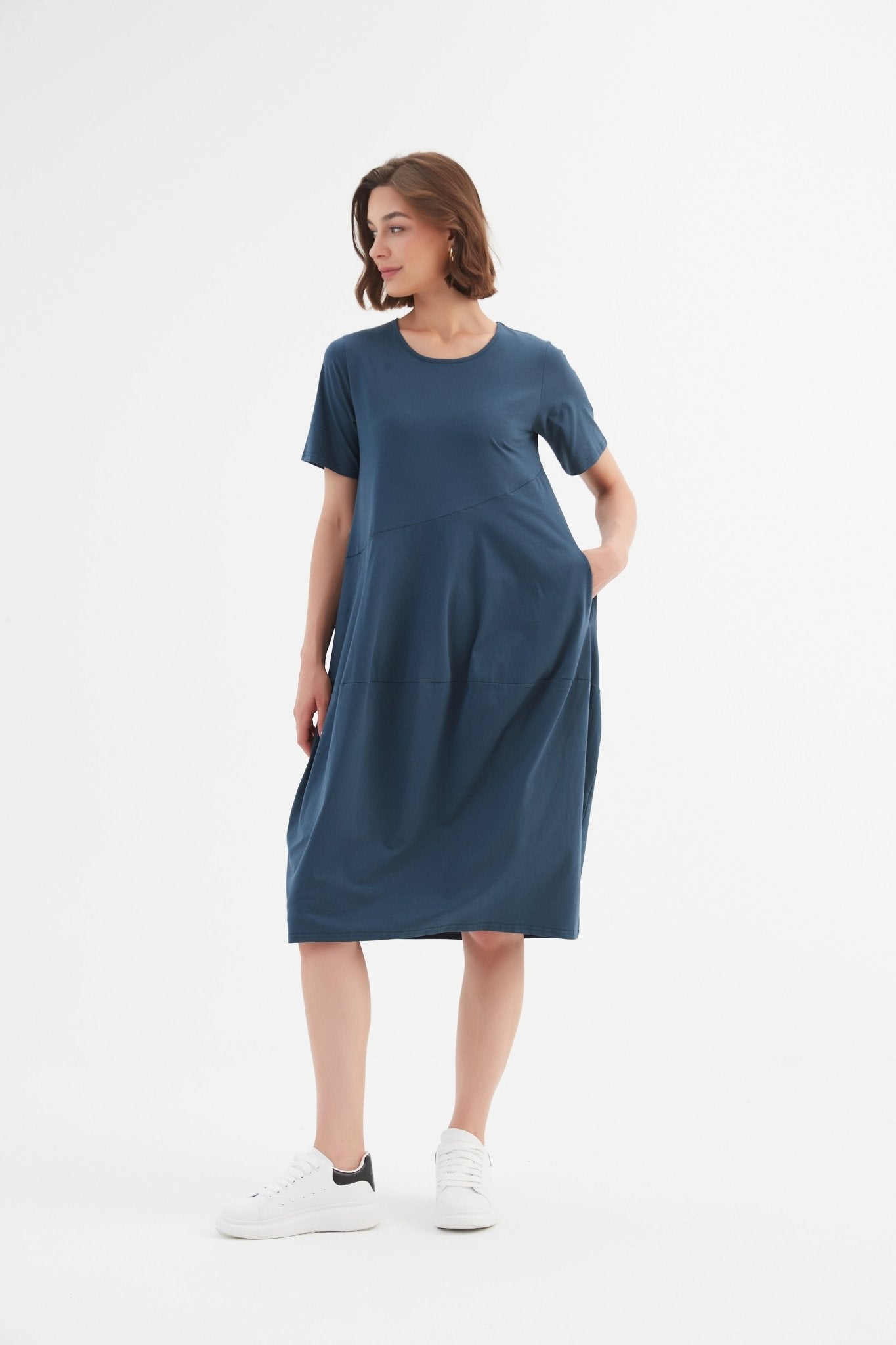 TirelliTirelli Short Sleeve Diagonal Seam Dress Deep TealClothingDeep Teal - Blue Water Clothing
