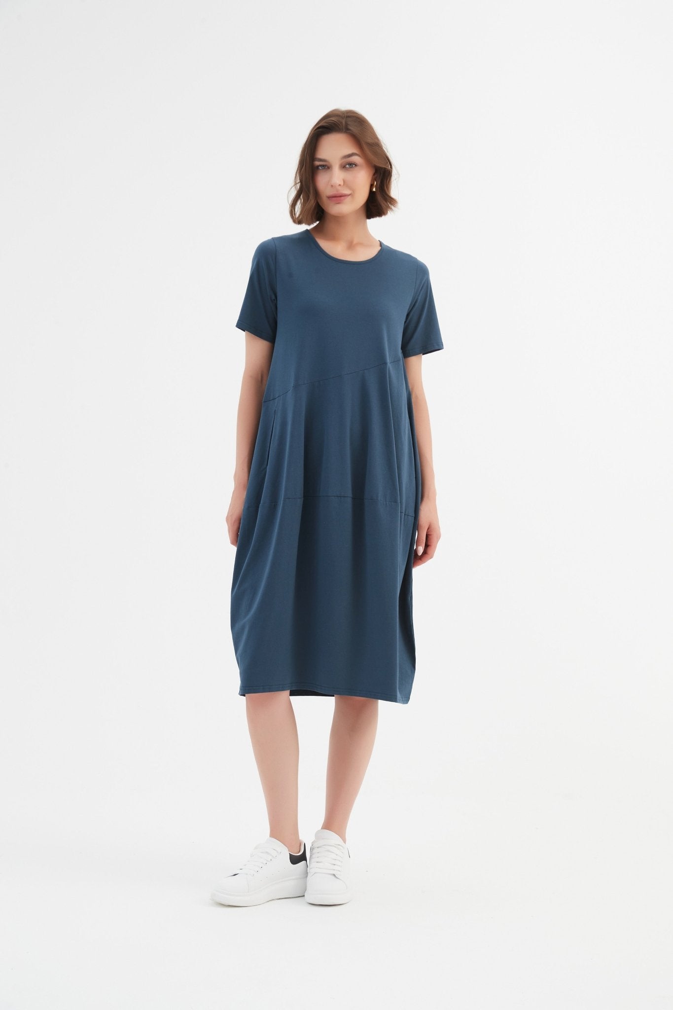 TirelliTirelli Short Sleeve Diagonal Seam Dress Deep TealClothingDeep Teal - Blue Water Clothing