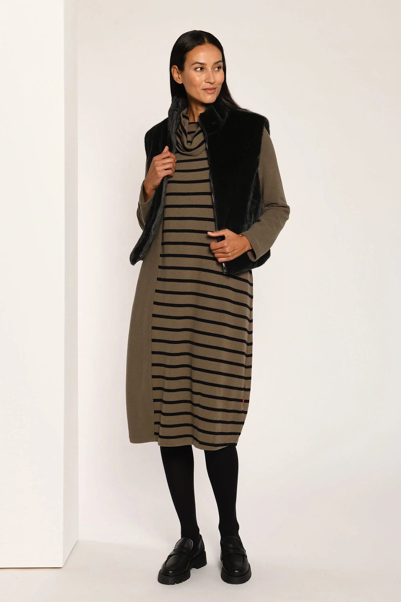 VetonoVetono High Neck Stripe DressDressesDark Olive Stripe - Blue Water Clothing