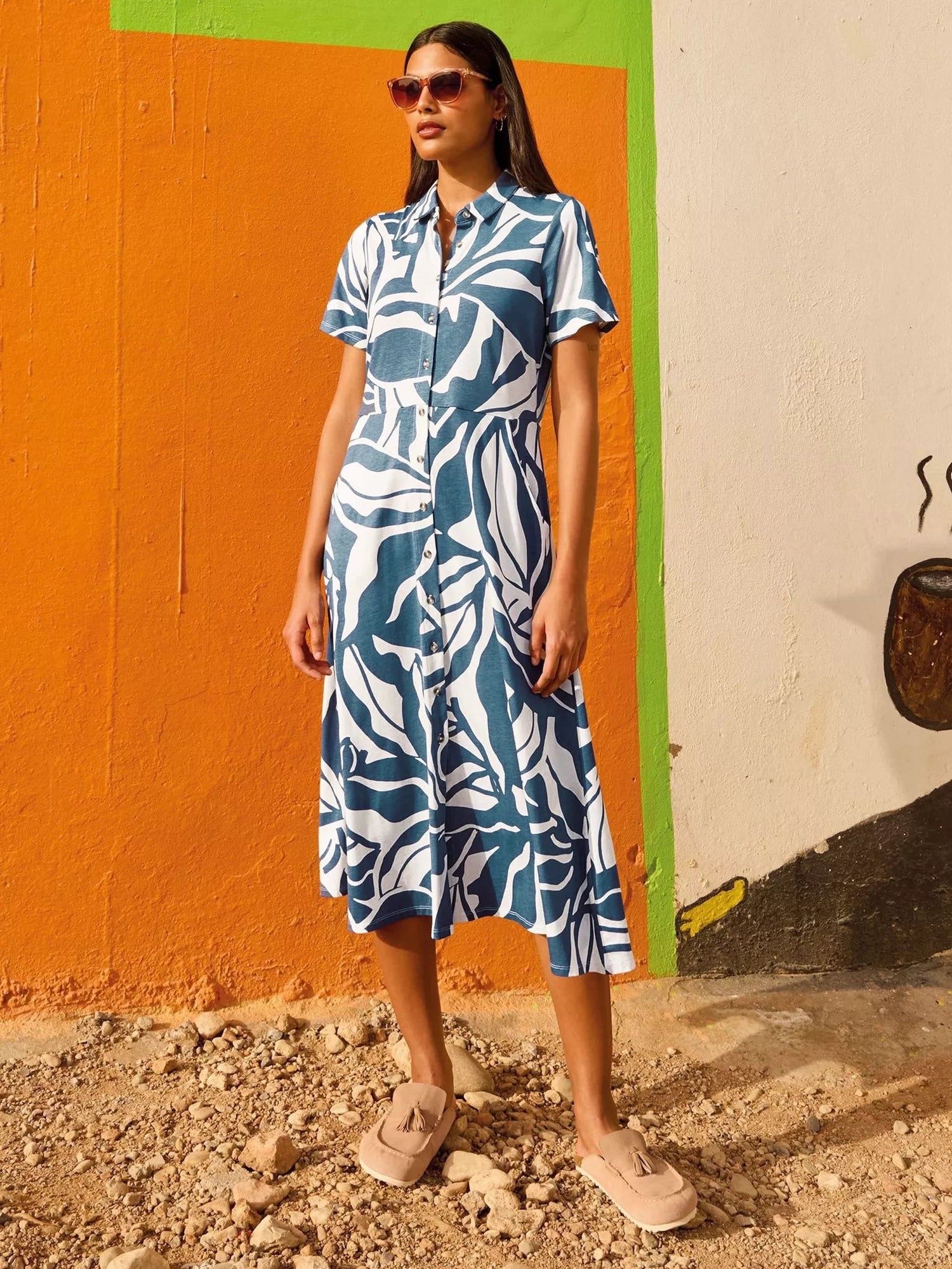 White Stuff Rua Jersey Shirt Dress Midi Navy - Blue Water Clothing