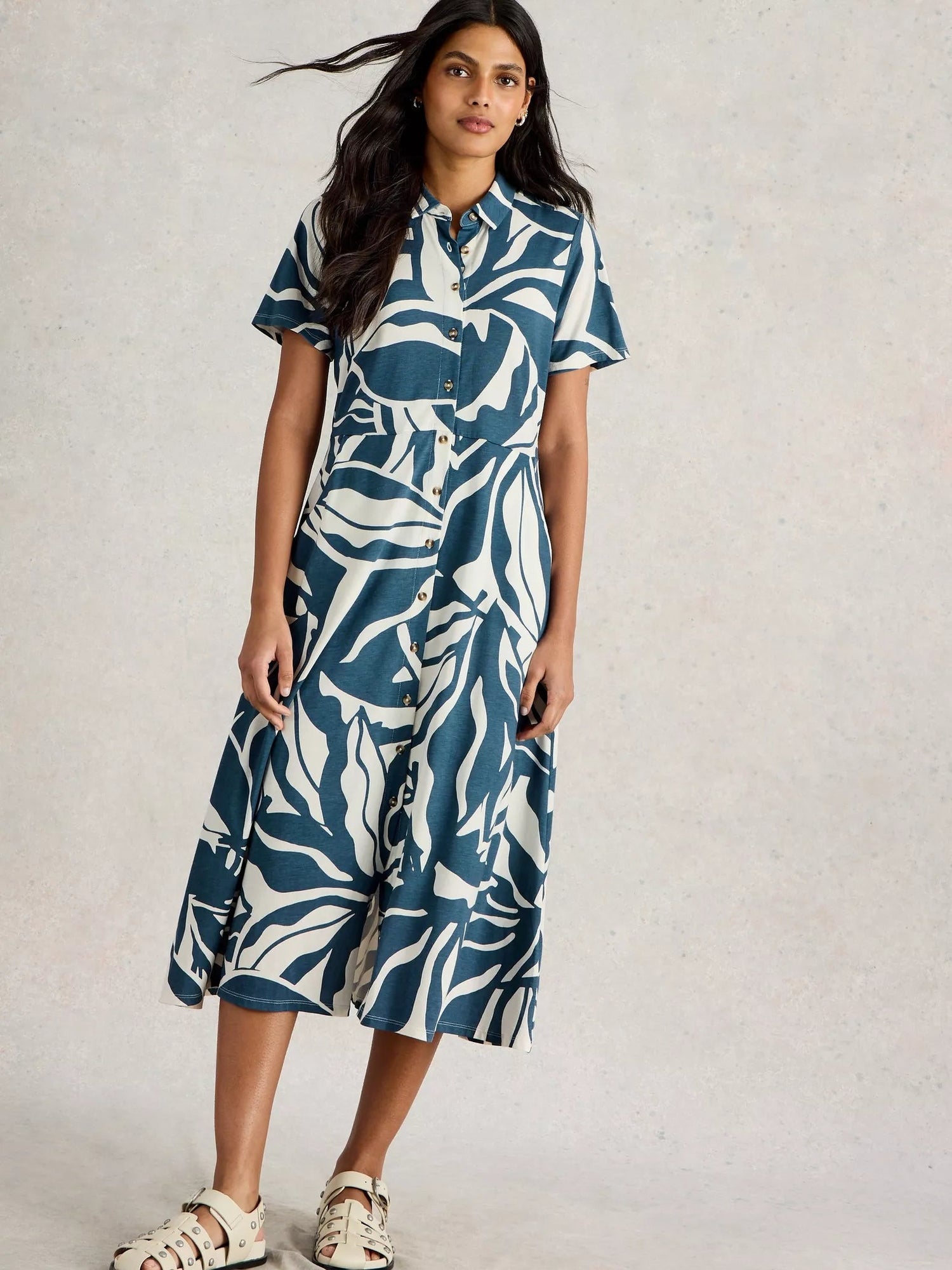 White Stuff Rua Jersey Shirt Dress Midi Navy - Blue Water Clothing