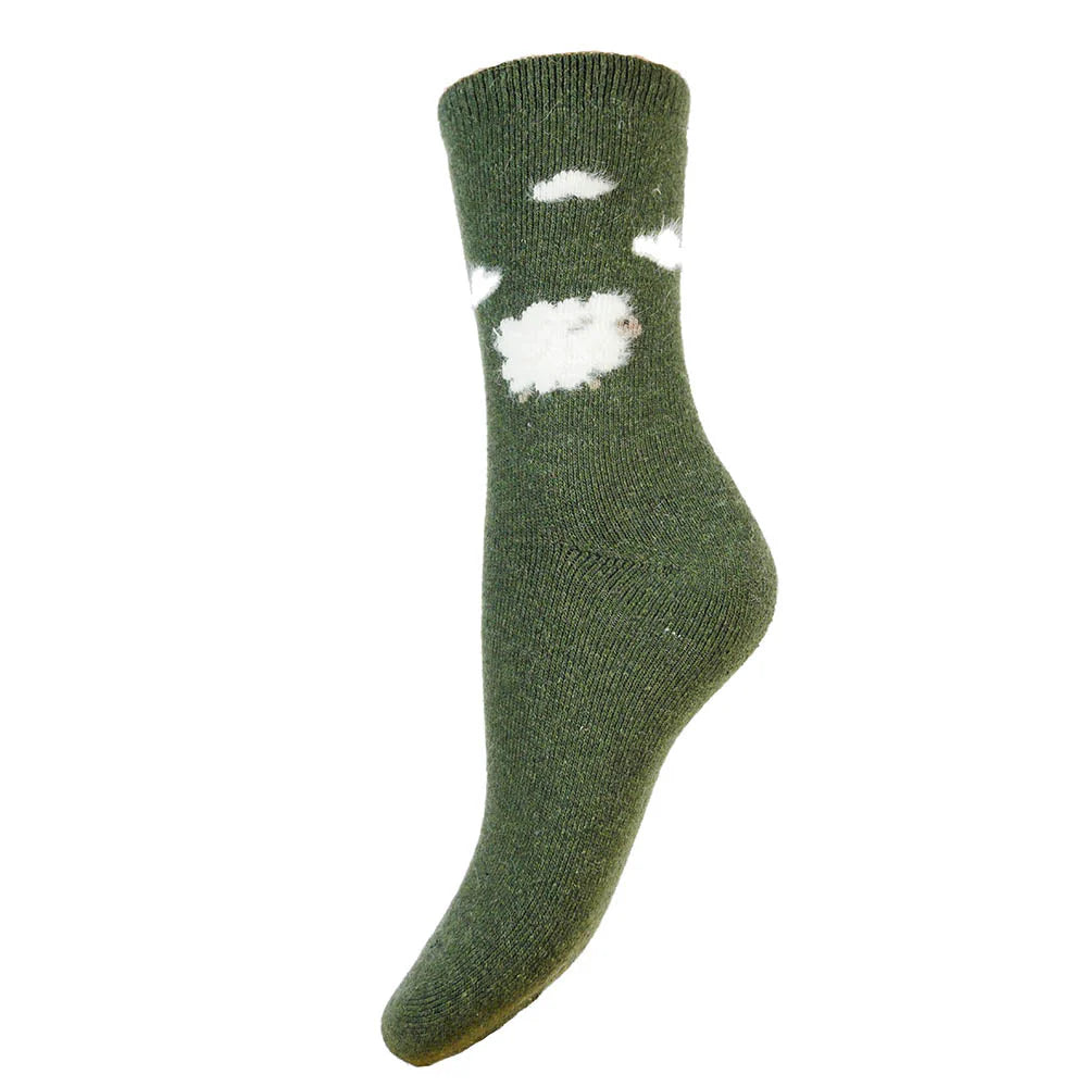 Gemjar Green fluffy sheep and clouds wool blend socks