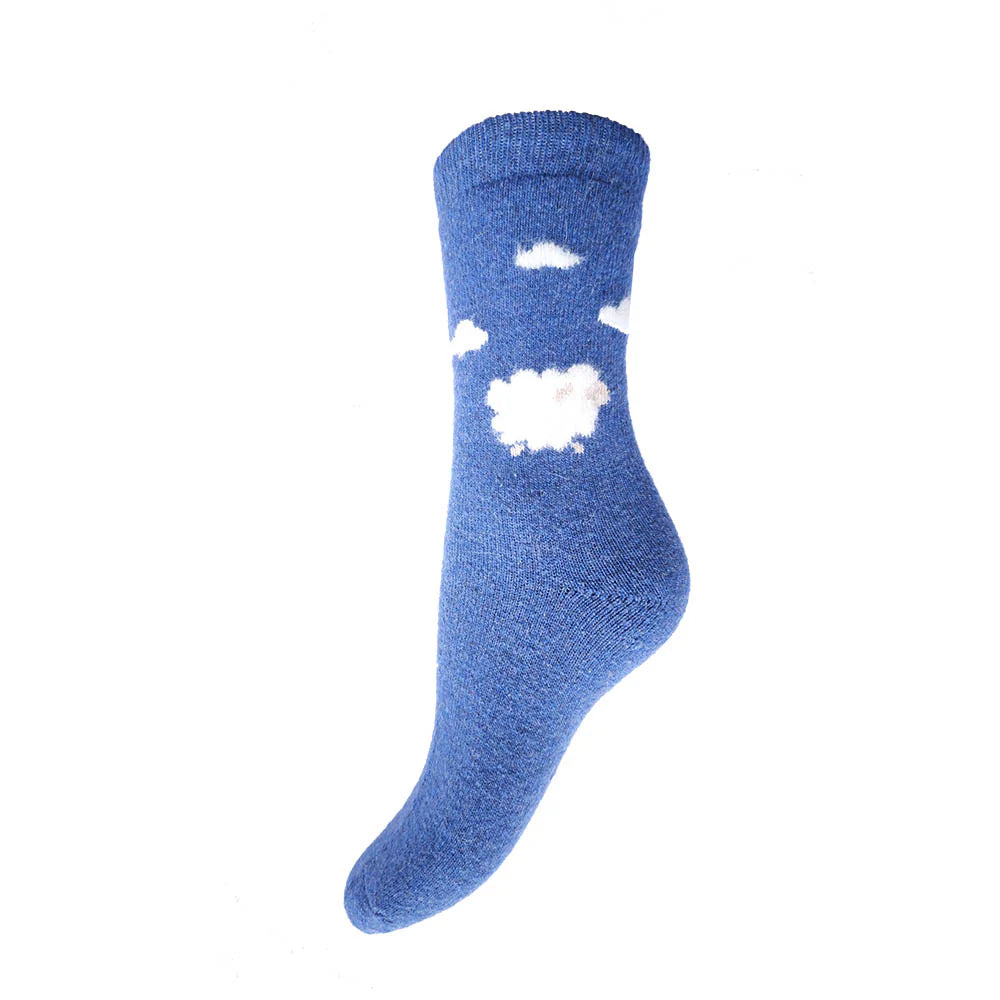 Gemjar Blue fluffy sheep and clouds wool blend socks