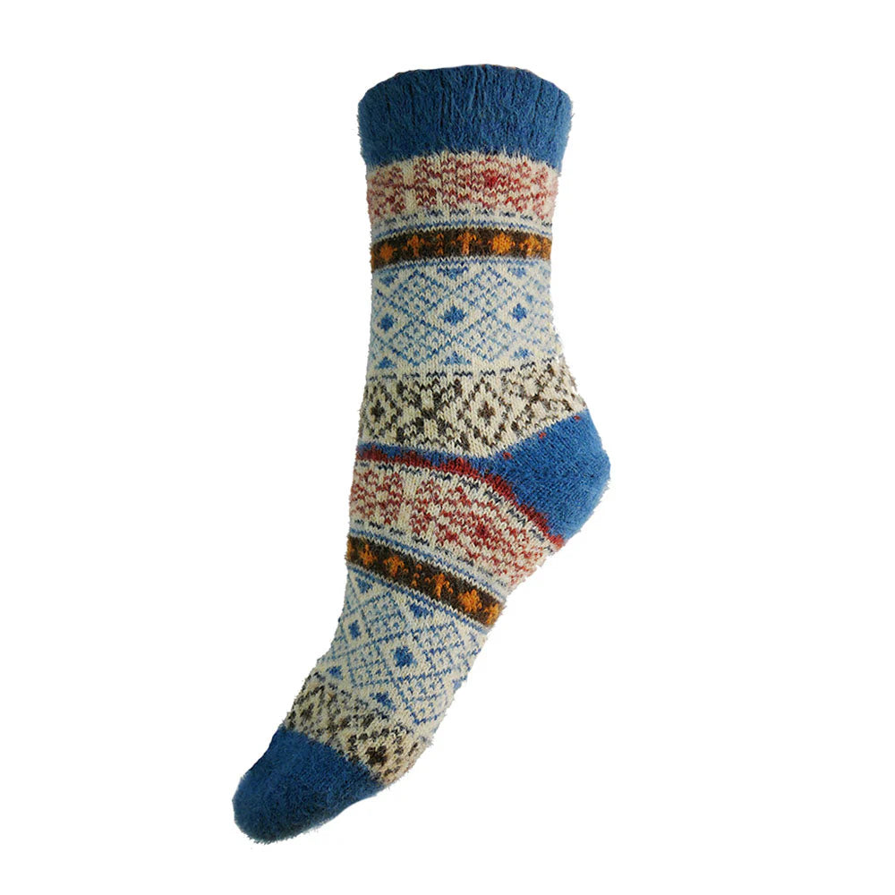 Gemjar Blue, cream and brown Scandi patterned soft Wool Blend socks