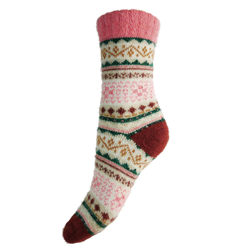 Gemjar Cream, pink and brown Scandi patterned soft Wool Blend socks