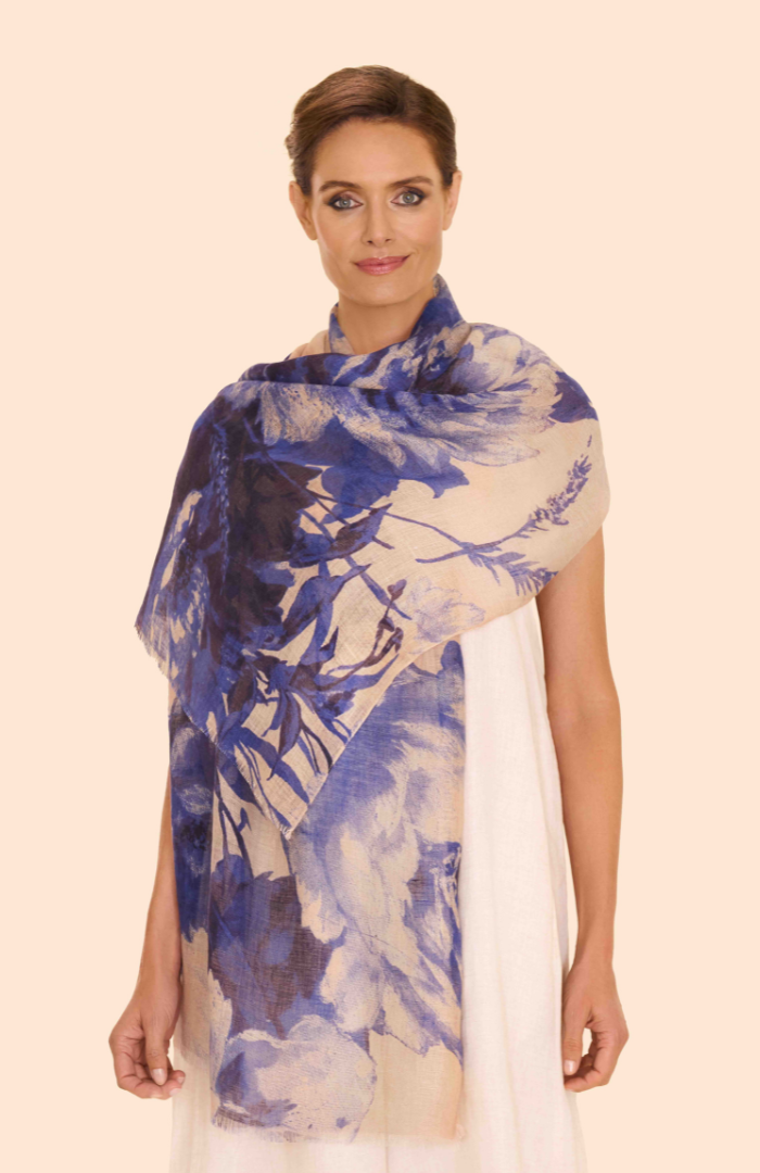 Powder China Blue Blooms Linen/Cotton Mix Scarf