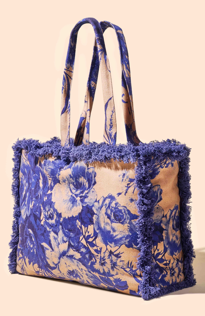 Powder China Blue Blooms Fringed Box Tote Bag