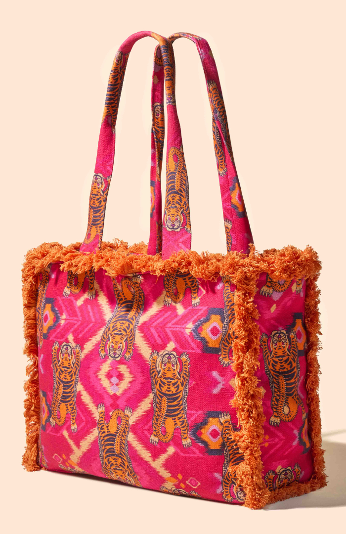 Powder Ikat Tigers Fringed Box Tote Bag - Fuchsia