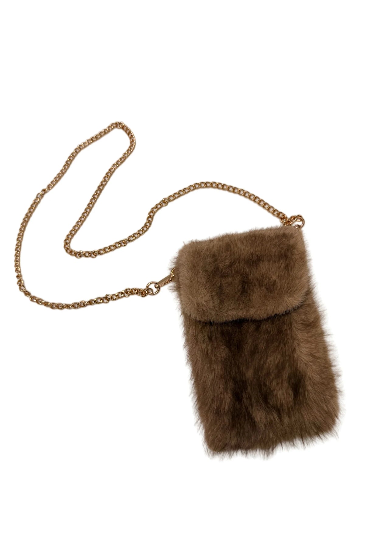 Plush Faux Fur Phone Crossbody Bag with Gold Chain