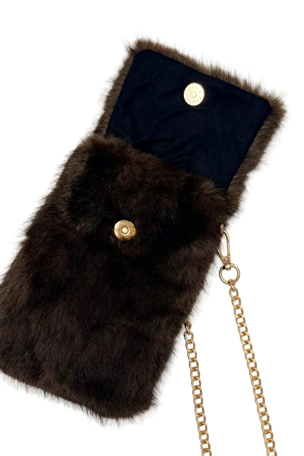 Plush Faux Fur Phone Crossbody Bag with Gold Chain