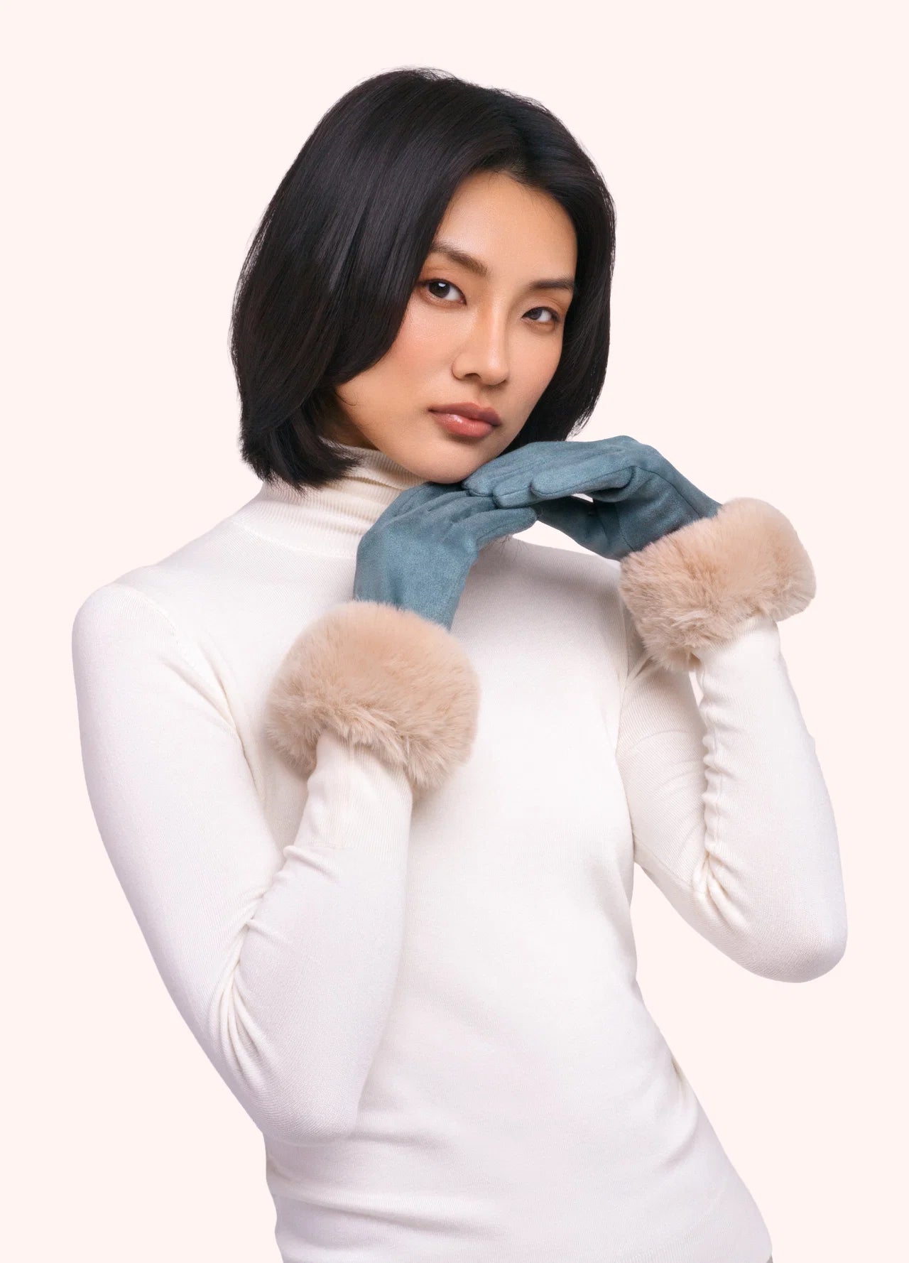 Powder AW26 Bettina Faux Suede/Fur Gloves in Denim