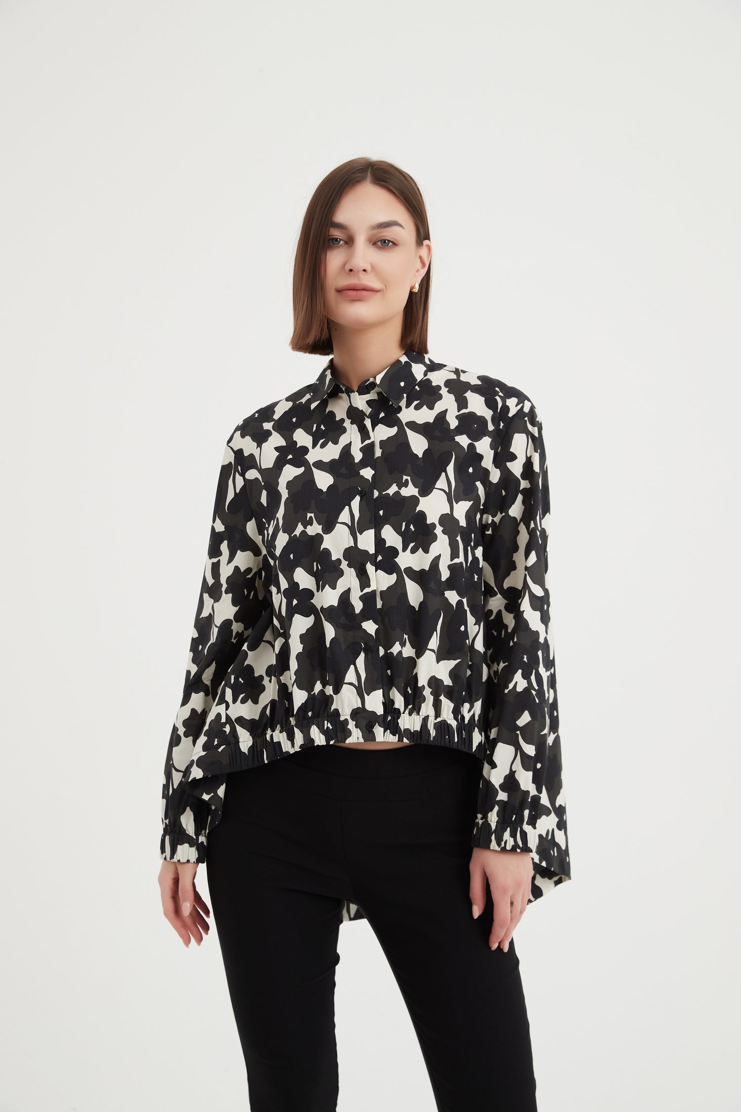 Elastic Front Hem Print Shirt