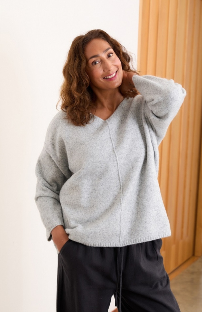 Soft Tweed V-Neck Seam Detail Jumper