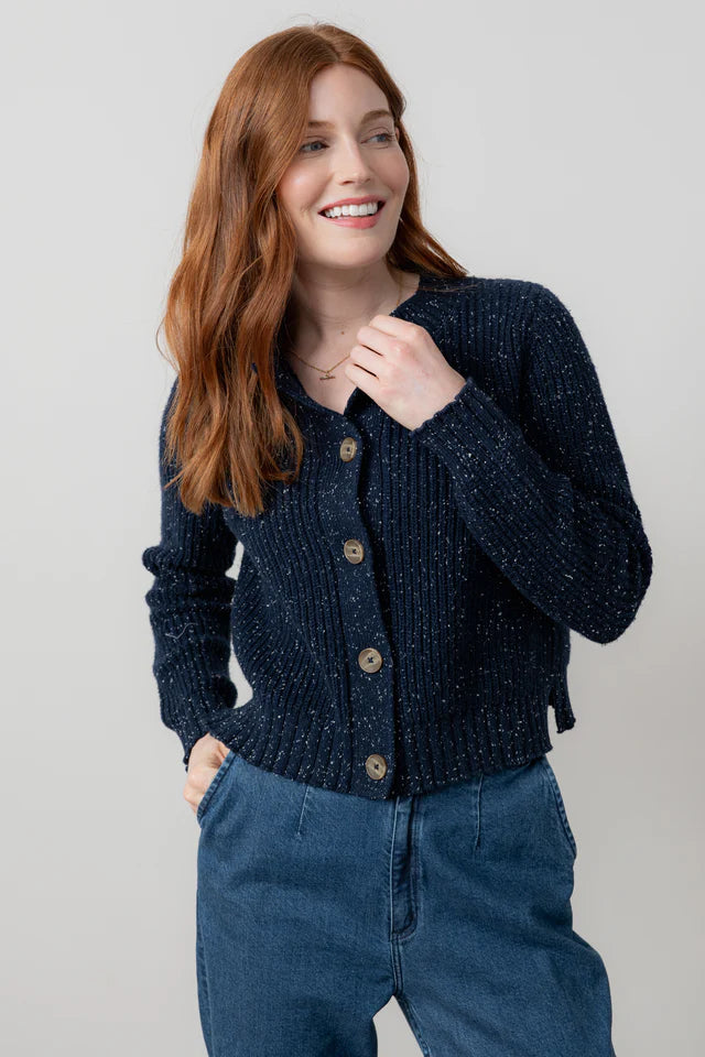Lily And Me June Rib Cardigan Fleck Knit Navy