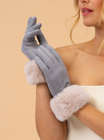 Bettina Faux Suede/Faux Fur Gloves in Mist/Vanilla