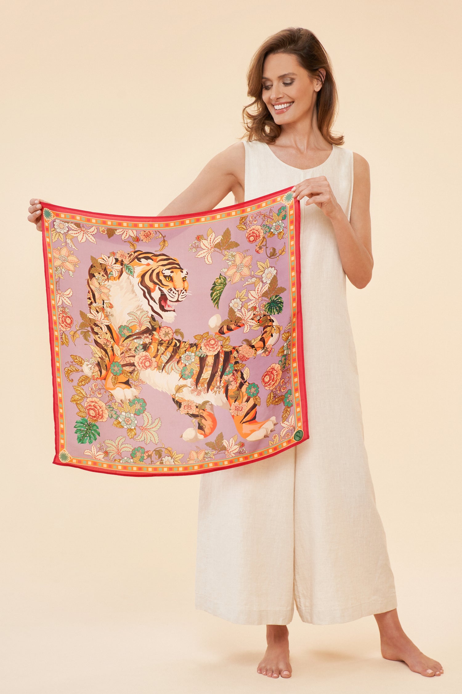 Prancing Tiger in Lilac Silk Square Scarf