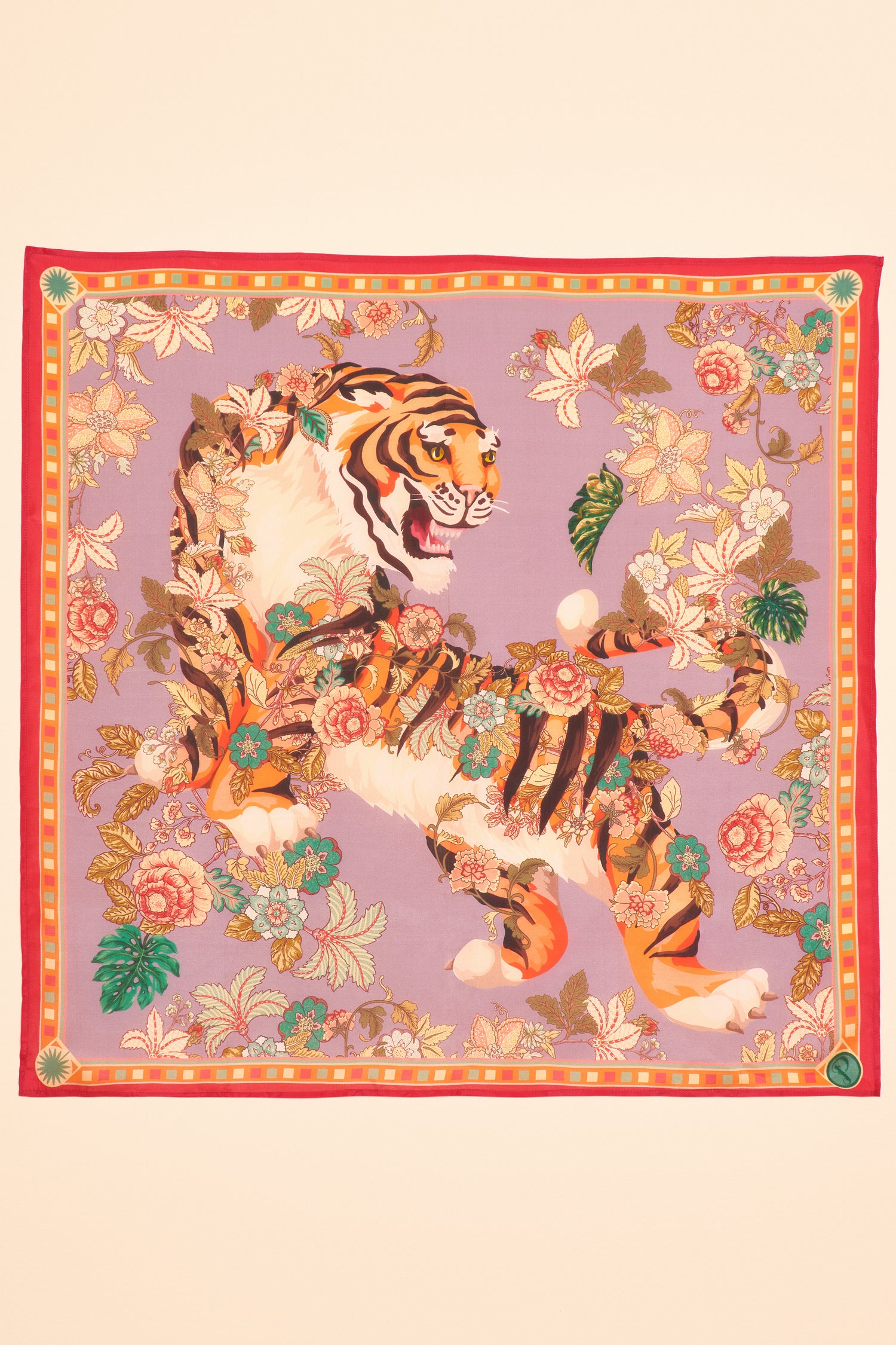 Prancing Tiger in Lilac Silk Square Scarf