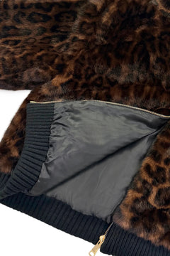 Faux Fur Leopard Print Ribbed-Trim Bomber JacketBrown - Blue Water Clothing