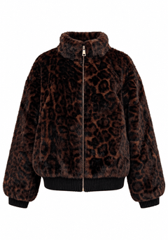 Faux Fur Leopard Print Ribbed-Trim Bomber JacketBrown - Blue Water Clothing