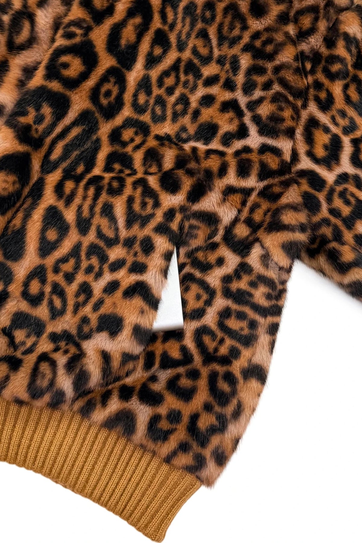 Faux Fur Leopard Print Ribbed-Trim Bomber JacketCamel - Blue Water Clothing