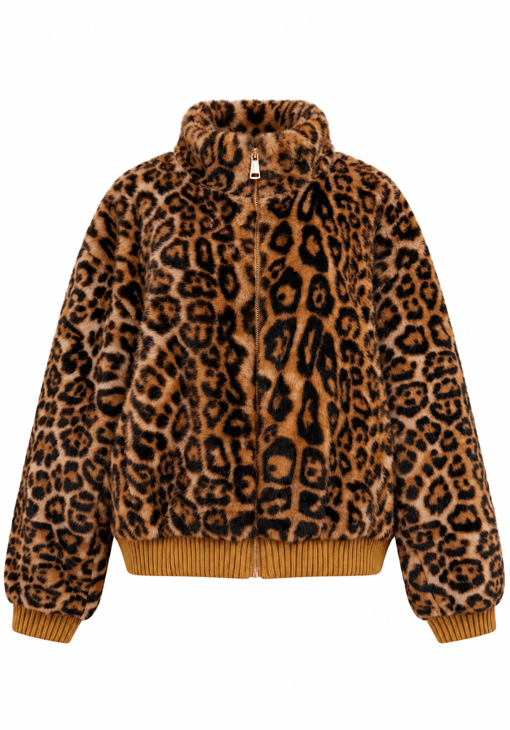 Faux Fur Leopard Print Ribbed-Trim Bomber JacketCamel - Blue Water Clothing