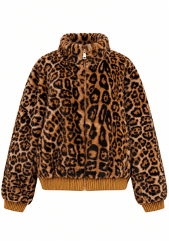 Faux Fur Leopard Print Ribbed-Trim Bomber JacketCamel - Blue Water Clothing