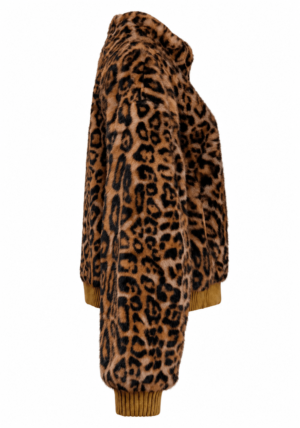 Faux Fur Leopard Print Ribbed-Trim Bomber JacketCamel - Blue Water Clothing