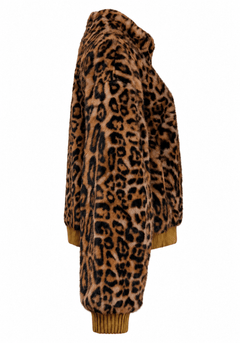 Faux Fur Leopard Print Ribbed-Trim Bomber JacketCamel - Blue Water Clothing