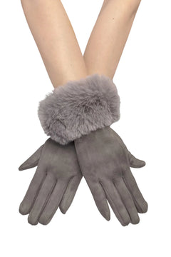 Faux Fur Trim Suede Touch Screen Gloves - Blue Water Clothing