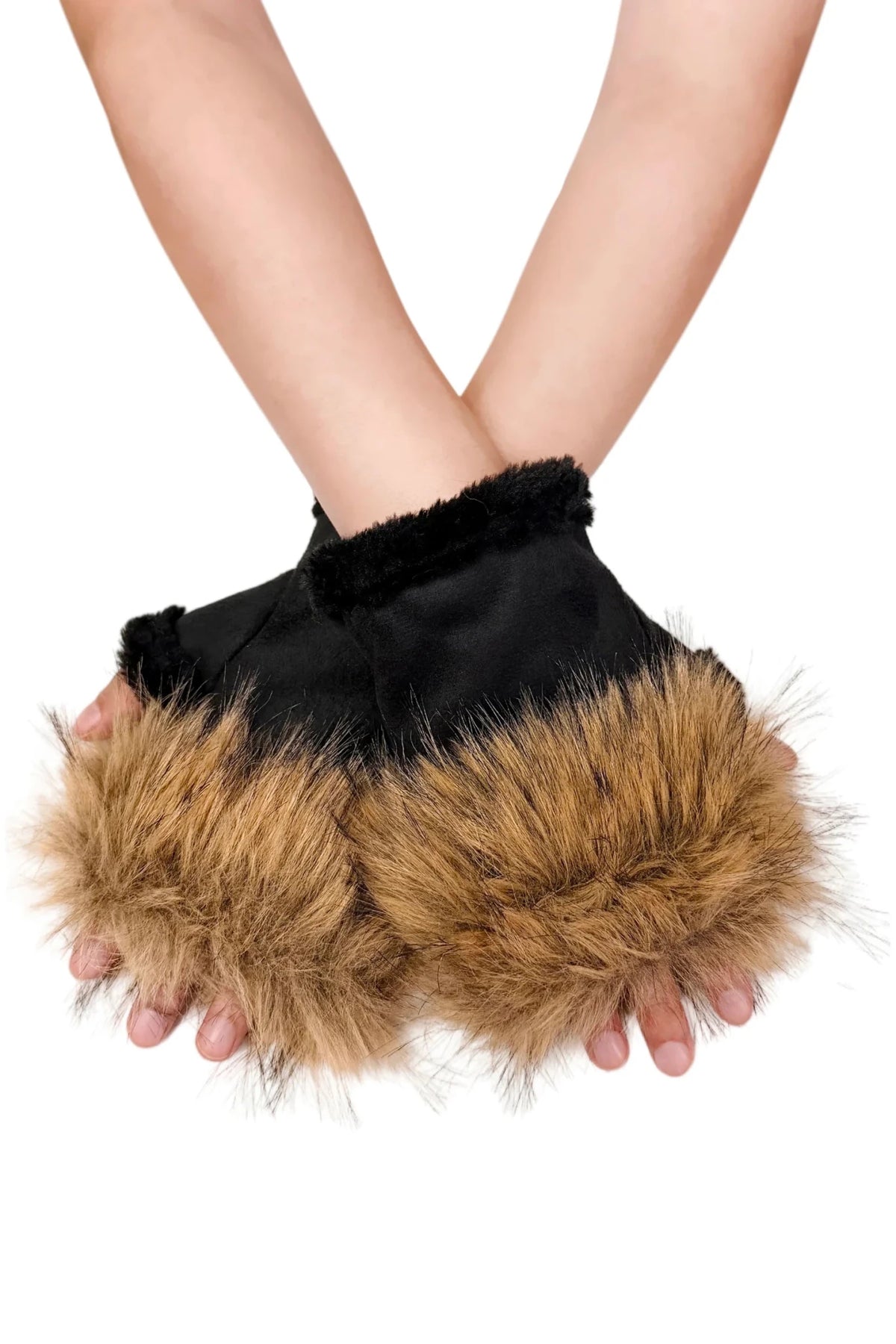 Faux Fur Trimmed Suede Fingerless Gloves - Blue Water Clothing