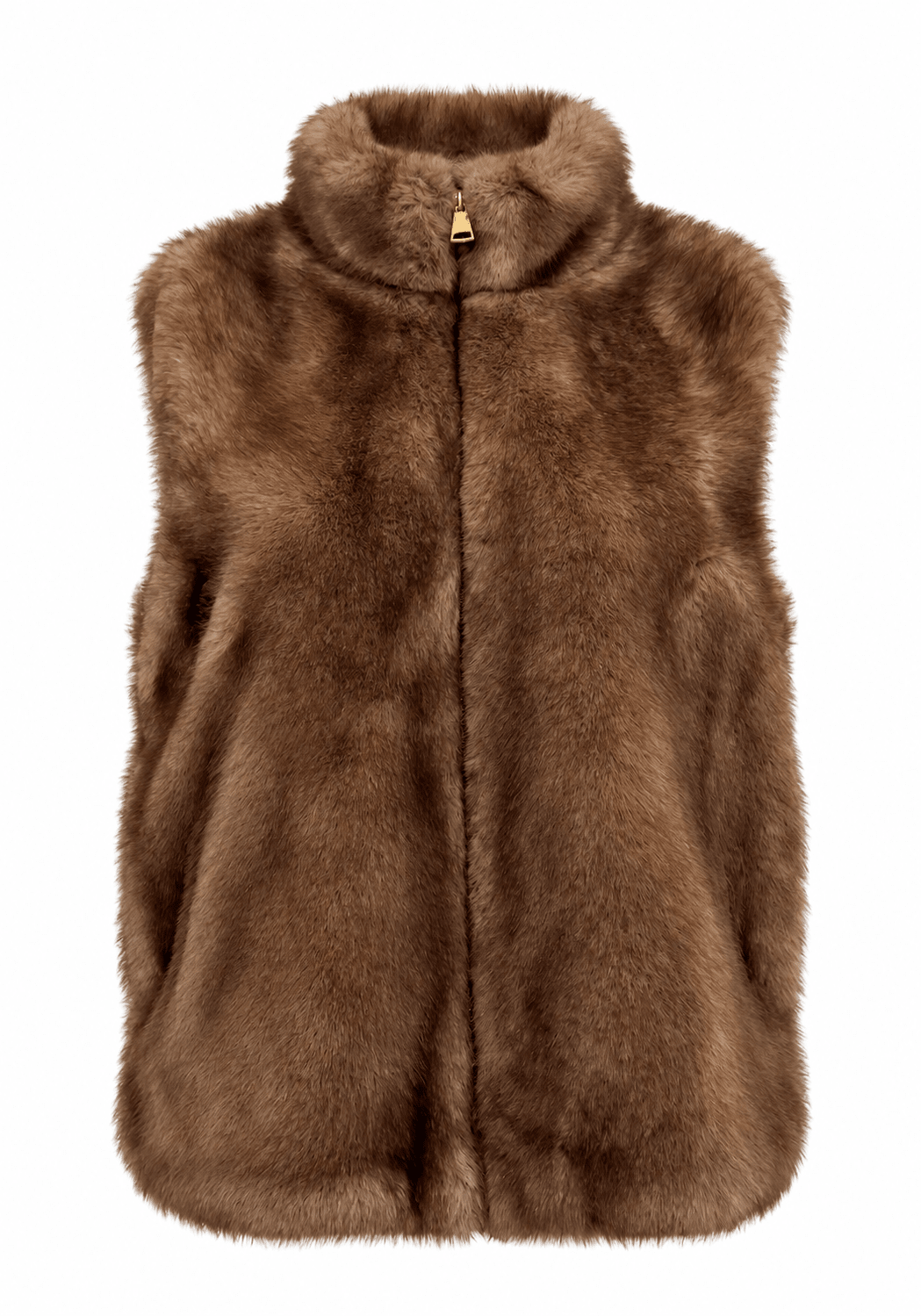 Plush Faux Fur Funnel Neck Zip GiletCoffee - Blue Water Clothing