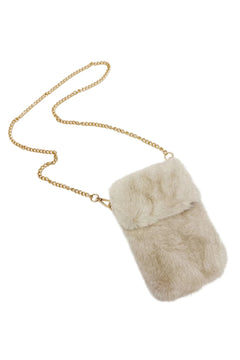Plush Faux Fur Phone Crossbody Bag with Gold Chain - Blue Water Clothing
