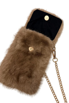 Plush Faux Fur Phone Crossbody Bag with Gold Chain - Blue Water Clothing