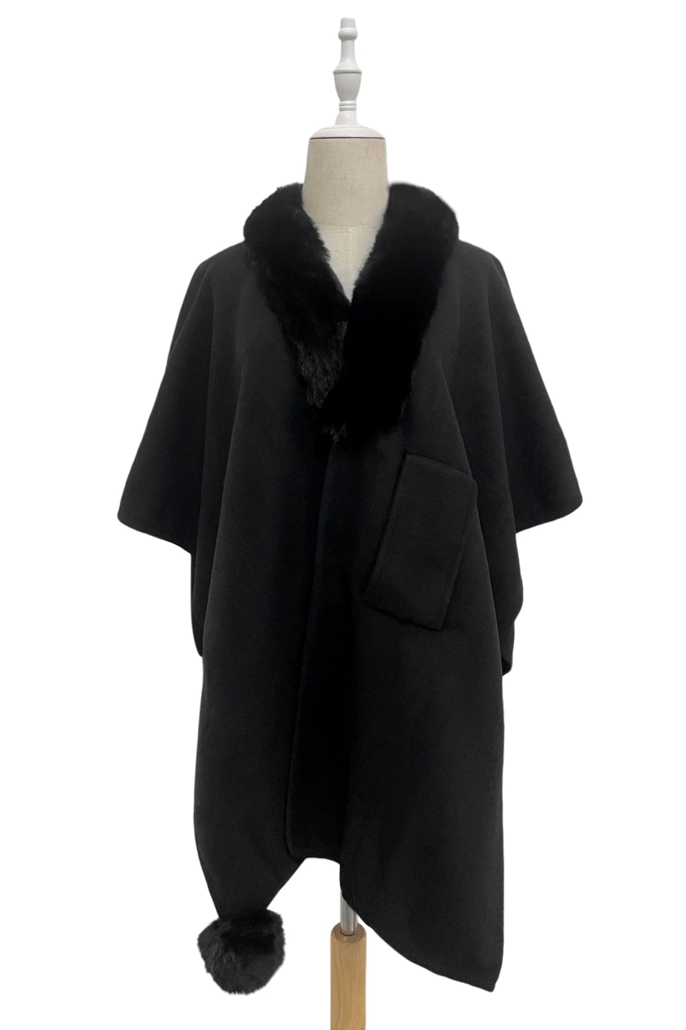 Faux Fur Trim Pull Through Wool Cape - Blue Water Clothing