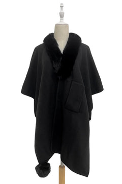Faux Fur Trim Pull Through Wool Cape - Blue Water Clothing