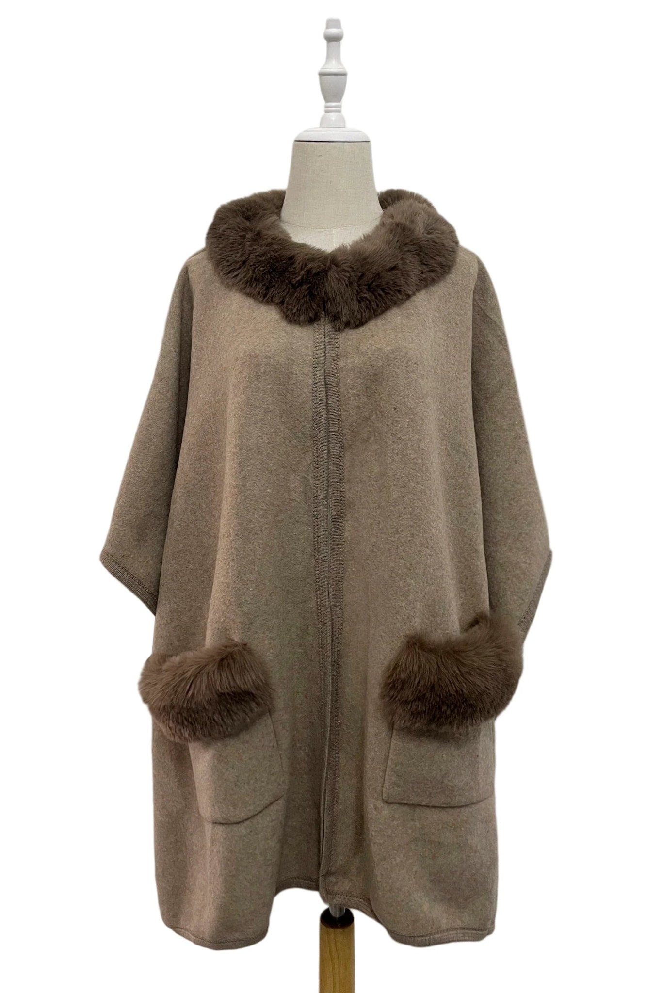 Faux Fur Trim Wool Cape With Pockets - Blue Water Clothing