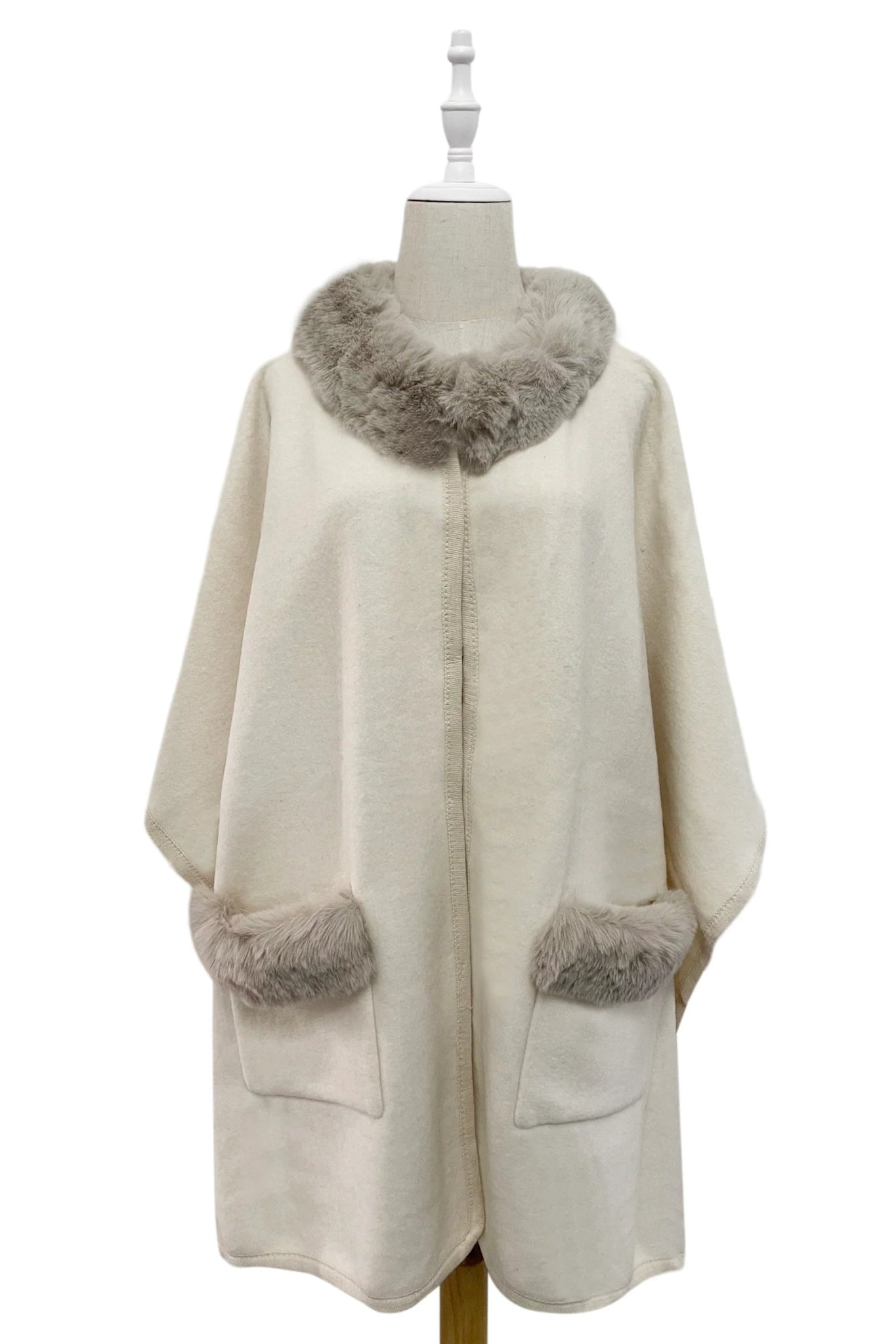 Faux Fur Trim Wool Cape With Pockets - Blue Water Clothing