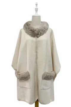 Faux Fur Trim Wool Cape With Pockets - Blue Water Clothing