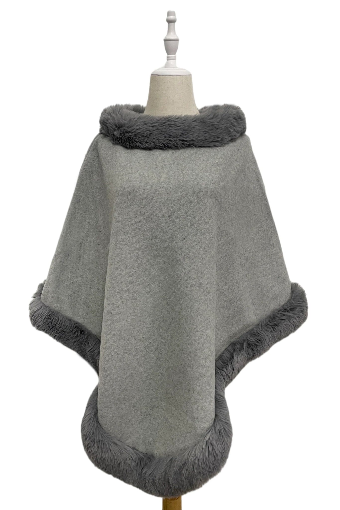 Faux Fur Trim Wool Poncho - Blue Water Clothing