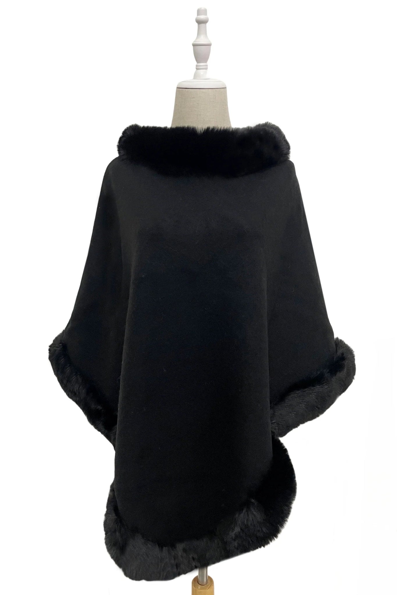 Faux Fur Trim Wool Poncho - Blue Water Clothing
