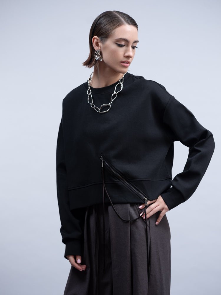 HaakoHaako Black Cropped Zip Sweatshirt H2006SweaterBlack - Blue Water Clothing